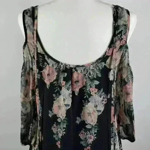 Maurices Floral Dress Cold Shoulder Scoop Neck Tie Back Black Pink Sheer Flowy - Picture 7 of 13